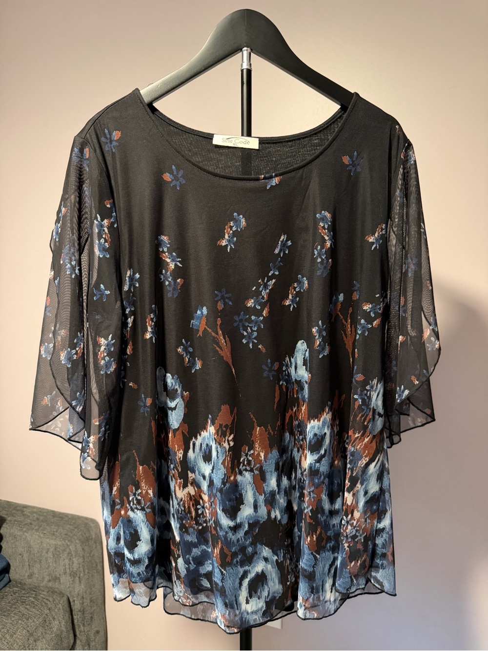 Black Floral Chiffon Overlay Top